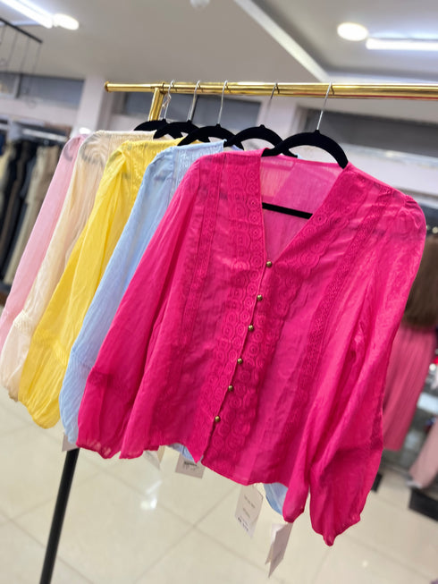 Cotton Lace Button Down Tops